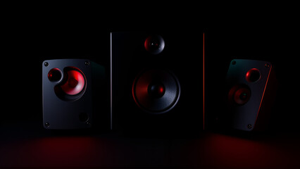 Multimedia acoustic sound speakers with neon lighting. Sound audio system with two satellites and subwoofer on dark background.