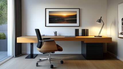 Picture Frame Above Wooden Desk: Commercial Photograph