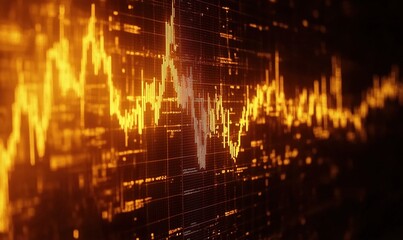 Digital waveform visualization, abstract representation of sound or data signals, vibrant orange and yellow colors, intricate patterns, technology background