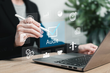 Business audit system concept, Businesswomen management Audit business, Certificate, Standard quality control, Financial statements, Organization document control, ISO, Practices, performance metrics