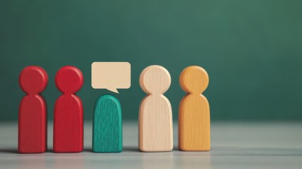 A group of colorful wooden figures, with one figure highlighted and speaking, symbolizing communication and interaction.
