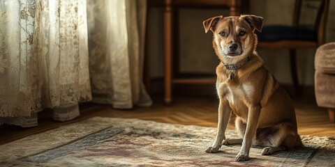 Brown Dog Sitting on Rug, Indoors