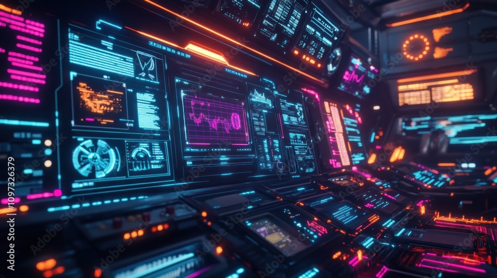 Poster Futuristic Control Panel Displays Data Streams And Graphs