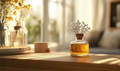 Aromatic glass bottle with dried flowers, warm sunlight, cozy interior, wooden table, soft focus background