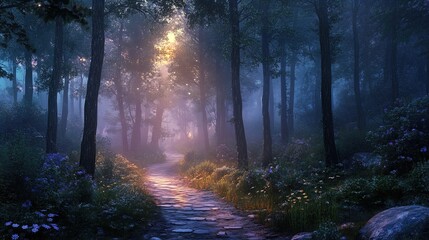 A serene forest path is illuminated by soft, warm light filtering through the dense canopy of trees. The scene captures a tranquil atmosphere, with mist gently rising from the ground and creating a ha