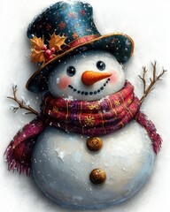 A sticker of a snowman with a top hat, scarf, and carrot nose, isolated on white background 