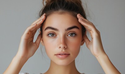 Fototapeta premium Portrait of young woman with natural beauty, soft lighting, clear skin, freckles, expressive eyes, hands on face