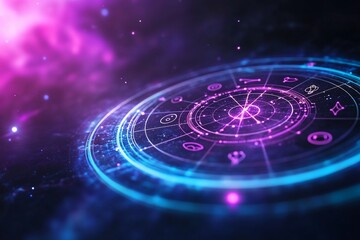 Glowing zodiac wheel with constellations in cosmic space.