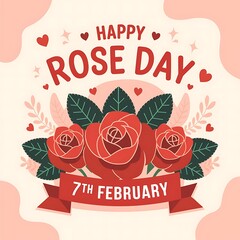 Naklejka premium Festive Rose Day Illustration with Red Roses, Elegant Text, and Romantic Heart Accents on a Light Pastel Background