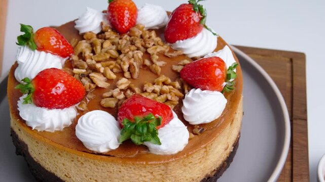 Chocoflan, Impossible Cake, Flan napolitano, a Mexican dessert with strawberries, nuts and whipped cream on top, white background