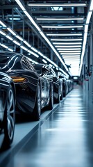 Modern Automotive Factory with Rows of Luxury Cars. Manufacturing, Technology, and Innovation Concept