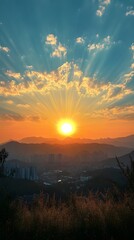 Obraz premium Sunrise over National Day and Mid-Autumn Festival celebration with simplicity, blue sky, and an orange halo for smartphone wallpaper