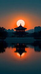 Obraz premium Sunrise over National Day and Mid-Autumn Festival celebration with simplicity, blue sky, and an orange halo for smartphone wallpaper