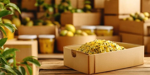 A cardboard box filled with yellow passion fruit surrounded by lemons in a storage area.