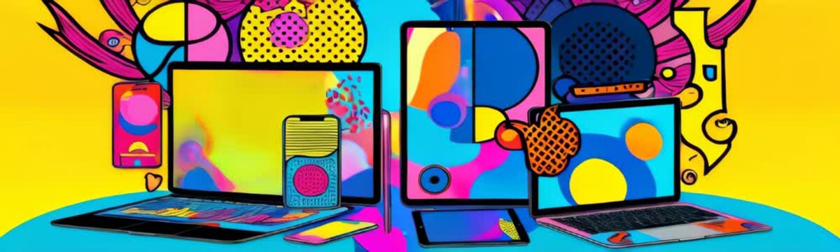 Banner with gadgets on the background of patterns. Pop-art style, smartphones, tablets, and accessories on a bright neon backdrop with bold patterns