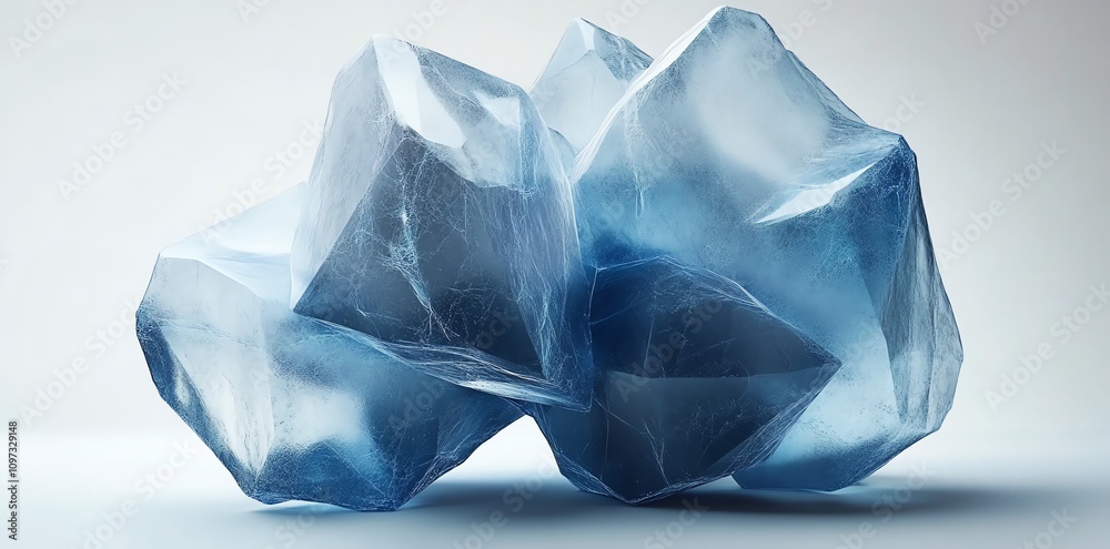 Poster A cluster of translucent blue ice-like crystals with angular shapes and a smooth surface.