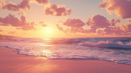 Fototapeta premium A serene beach scene at sunset, with gentle waves lapping at the shore and colorful clouds illuminated by the warm glow of the sun.