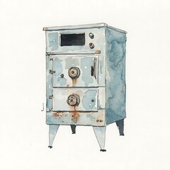 Watercolor Painting of a Rustic, Vintage Industrial Oven.
