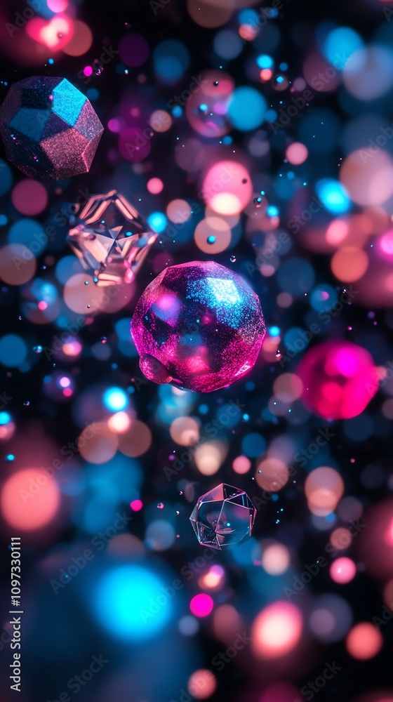 Poster A vibrant display of colorful spheres and bokeh lights creating a dreamy atmosphere.