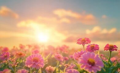 Obraz premium A vibrant field of pink flowers under a warm sunset sky, conveying beauty and tranquility.