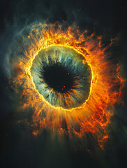 The Eye Nebula, a lofelife human eye looking nebula, with a black background and orange and green light emanating the eye. The red flame is reflected . 
