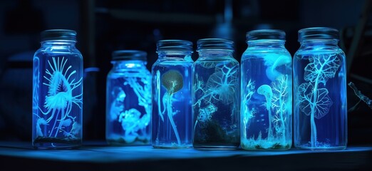Bioluminescent specimens in glass jars, showcasing various marine and plant life, illuminated in blue light