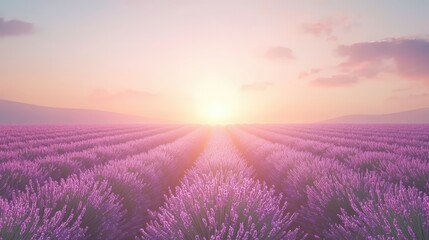 Fototapeta premium A serene lavender field stretches toward the horizon, bathed in soft sunlight, creating a tranquil and picturesque landscape at dawn.