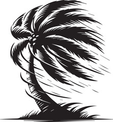 A palm tree with its fronds blown to one side as if by a strong wind vector silhouette