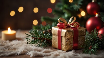 a festive holiday scene featuring Christmas ornaments, pine branches, fairy lights, and wrapped gifts. The setup should be cozy and warm, with elements like red and gold decorations, snowflakes