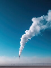 Industrial chimney emits white smoke against clear blue sky.
