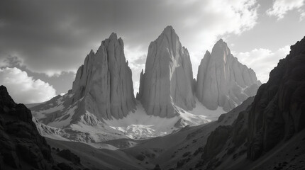 Obraz premium Majestic Black and White Mountain Range Landscape with Dramatic Sky and Rugged Peaks