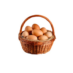 Fresh brown eggs in wicker basket isolated on transparent background