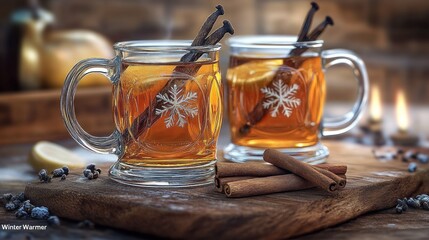Two mugs of warm spiced drink with cinnamon sticks, evoking a cozy winter atmosphere.