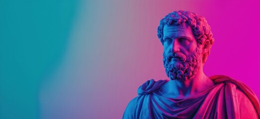 Bust of ancient philosopher with vibrant colors, detailed beard, and draped clothing, showcasing classical sculpture artistry
