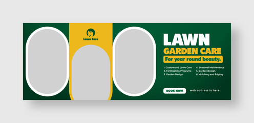 Lawn and gardening services social media facebook cover web banner template, garden landscaping banner