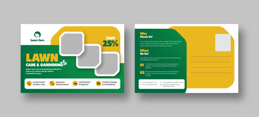 Lawn and gardening services postcard template, garden landscaping design