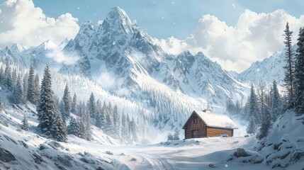 Fototapeta premium A serene winter landscape featuring a cozy cabin surrounded by snow-covered mountains and evergreen trees under a clear blue sky.