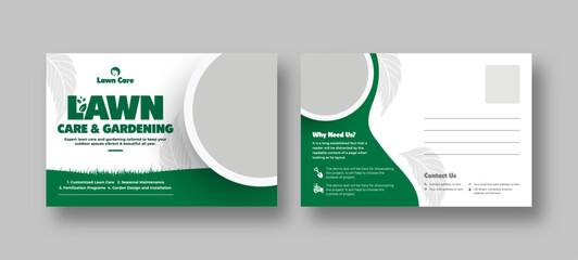 Lawn and gardening services postcard template, garden landscaping design