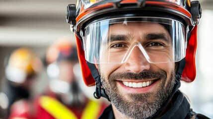 Smiling firefighter in safety gear ready for action at a fire station during daytime