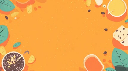 A vibrant, illustrated background featuring various food items and leaves.