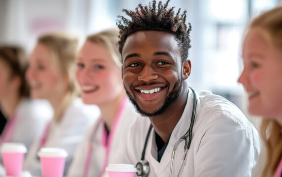 Happy Healthcare Team: A diverse group of doctors enjoys a coffee break, radiating positivity and collaboration.  A bright future for medicine!