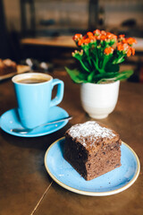 cocoa cake with black coffee, food photography