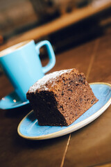 cocoa cake with black coffee, food photography