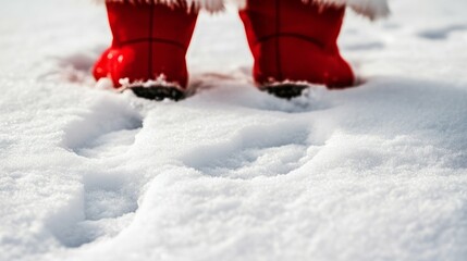 Naklejka premium Red boots leave footprints in the snow. A magical winter scene.