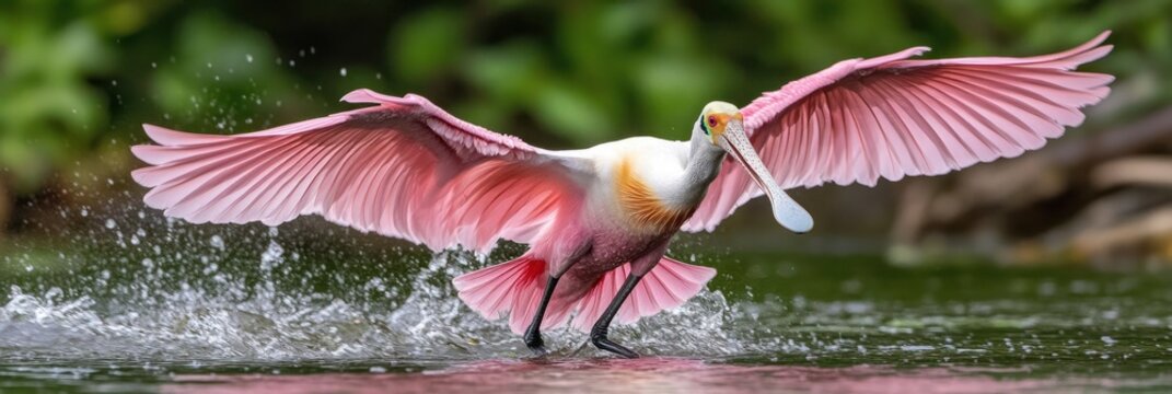 A roseate spoonbill takes flight over water, showcasing its vibrant pink feathers and unique bill.