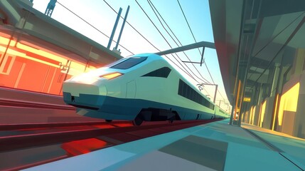Stylized high-speed train approaching a modern station.