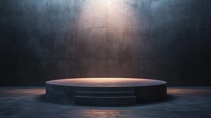 Circular Concrete Platform Under Spotlit Concrete Wall