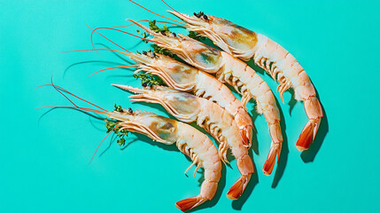 Fresh prawns arranged on a bright turquoise surface with green garnish