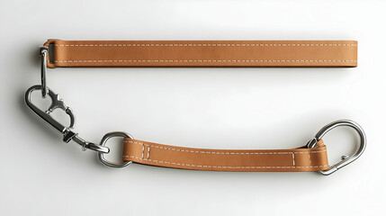 Tan leather dog leash with silver clips isolated on white background.