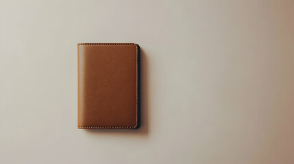 Tan leather passport holder on a light beige background.